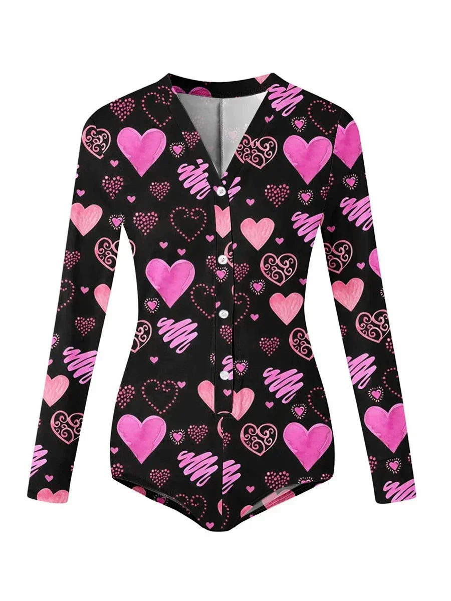 Women’s Long Sleeve Valentine Day Jumpsuit Bodycon V Neck Heart Lip Print Button Down Short Romper Indoor Sleepwear