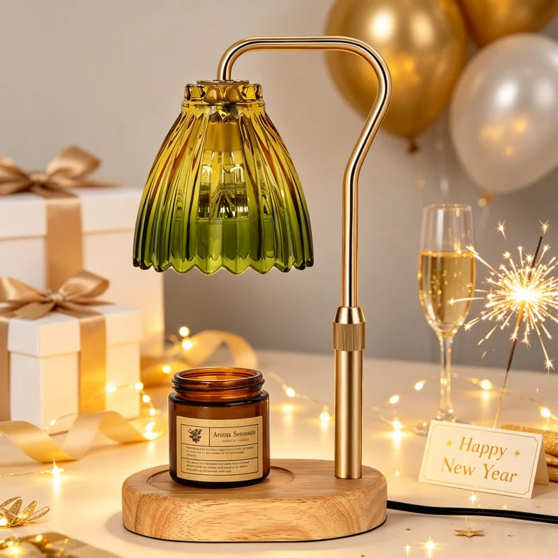Retro Wooden Base Candle Warmer Lamp with Glass Shade & Timer