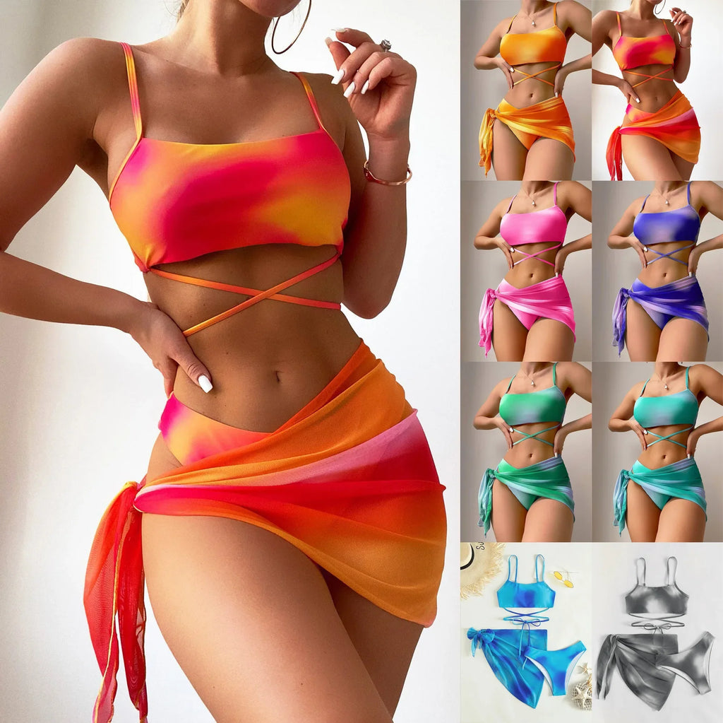 Tie Dye Bikini Swimsuit Women's Three Piece Set Mesh Skirt Split Body Suspender Fashionable Swimsuit Padded Bikini Set Swimwear