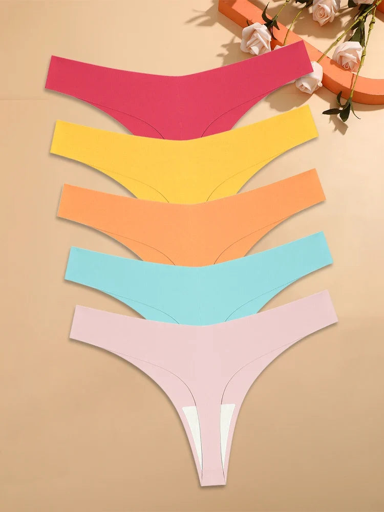 5Pcs Ice Silk Seamless Thongs Women's V-Waist Solid Color Panties Sexy Breathable Low Rise Underwear Invisible Bikini Lingerie