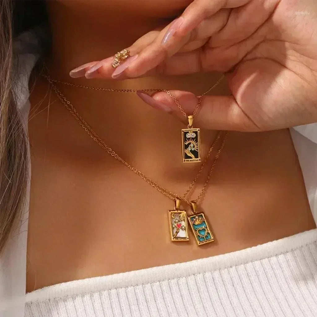 YILUOCD Original Zirconia Tarot Card Necklace Classic Tarot Queen Lover Magician Moon Wealth Amulet Stainless Steel Jewelry