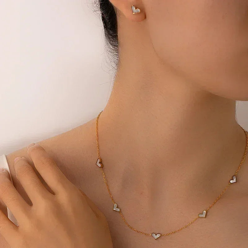 ANENJERY 316L Stainless Steel Heart Shell Necklace Bracelet Earrings For Women Girls Simple Fashion Jewelry Set Gifts Wholesale