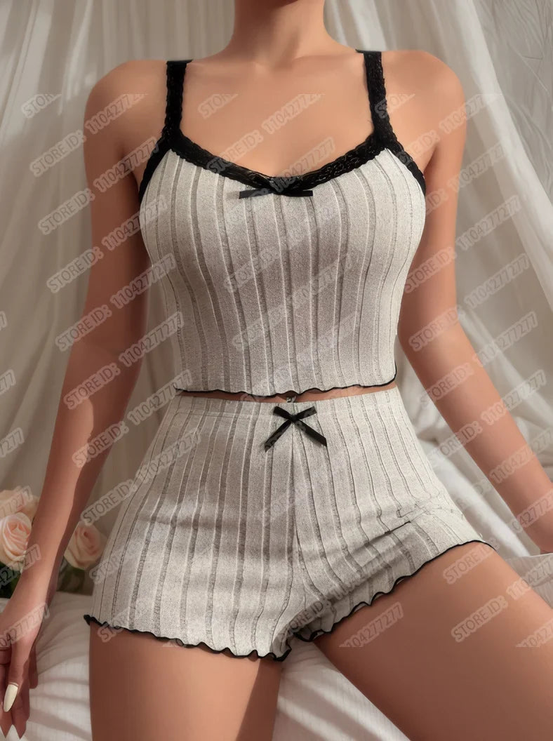 Women's Pajama Suit Suspender Sexy Butterfly Knot Strap Top Shorts Two Piece Set Comfortable Home Wear Spring Summer Sleepwear