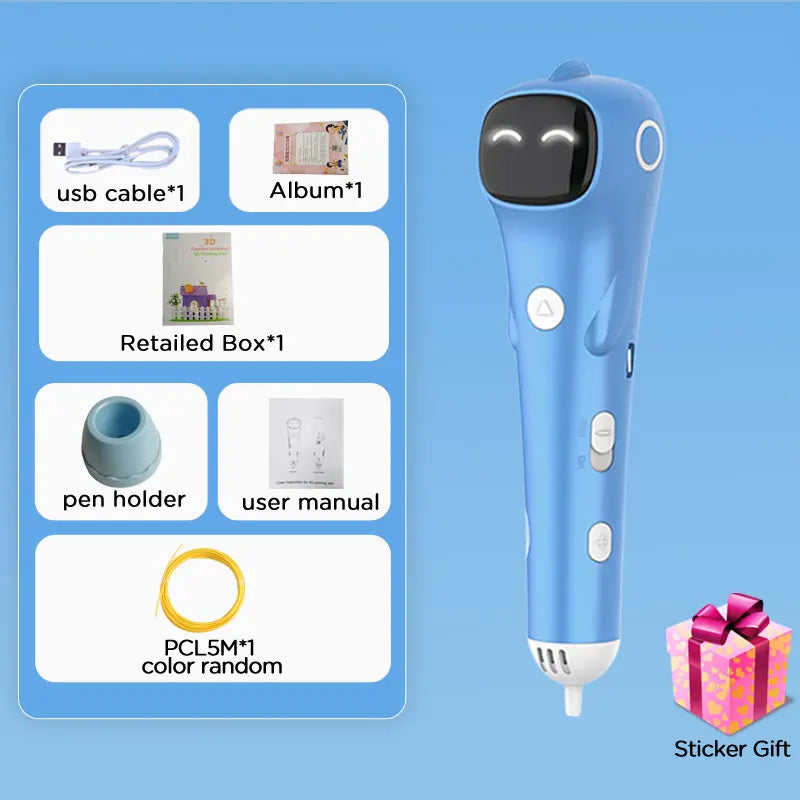 Kids low-temperature 3D printing pen kit in blue with PCL filament rolls