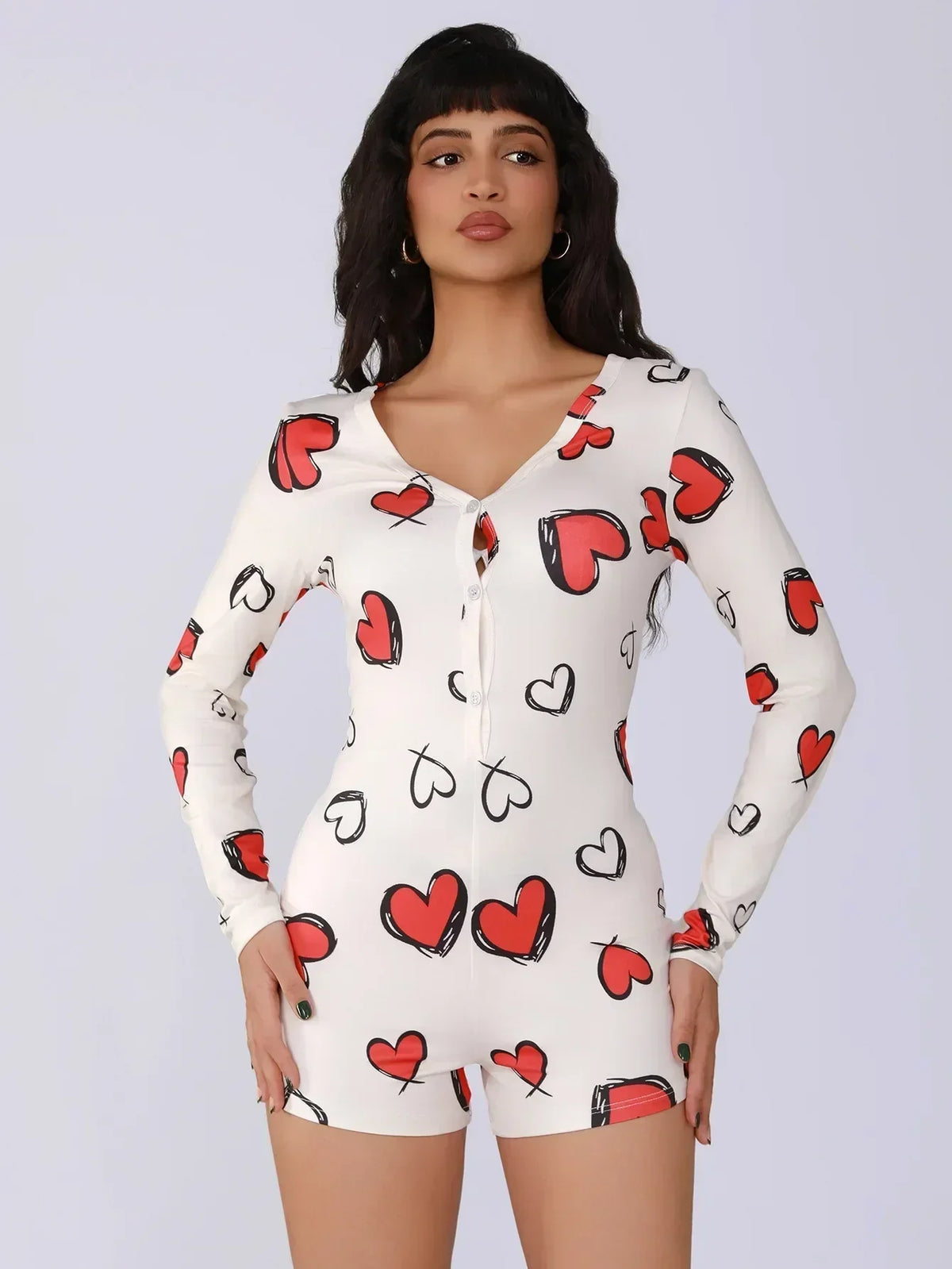 Ladies one-piece bodysuit sexy hot girl pajamas heart digital print short-sleeved set shorts home wear