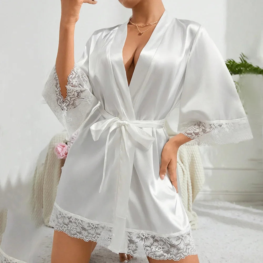 2025 New Ladies Elegant Satin Robe Lace Trim Kimono Short Sleepwear Nightgown V Neck Belted Bridal Loungewear Bridesmaid Gift
