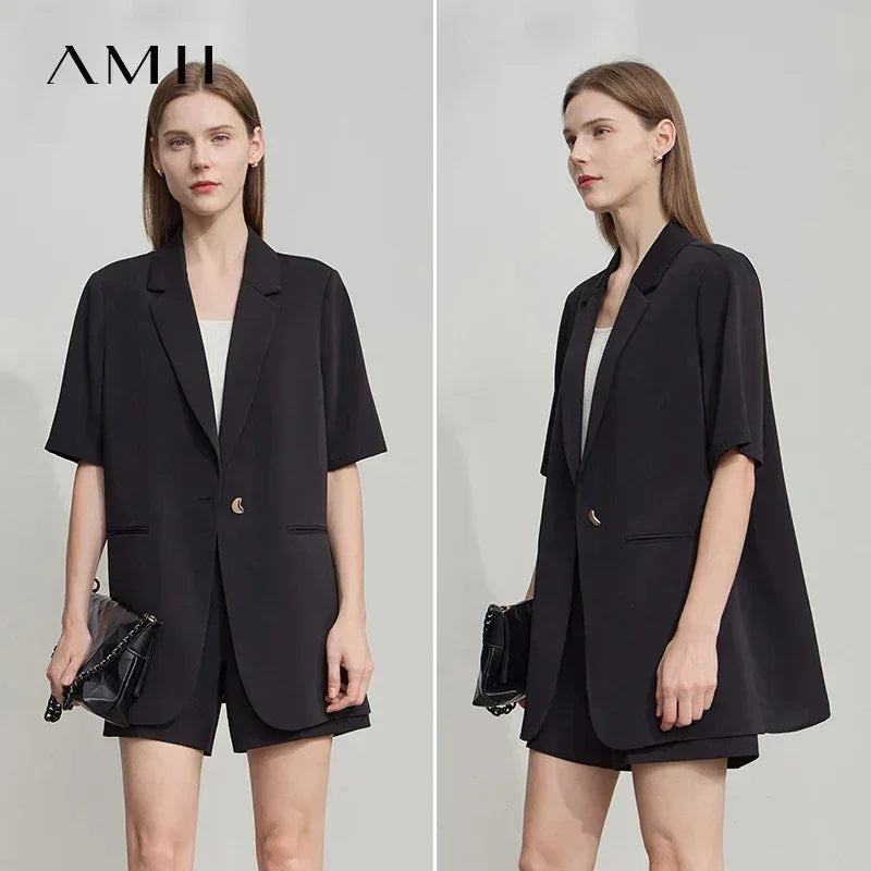 Amii Women's Top Minimalist 2025 Summer New Notched Lapel Contrast Material Patchwork One Button Short Sleeve Blazer 12542081