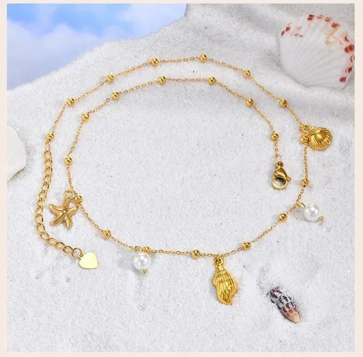 18k Gold Plated Pearl Shell Conch Starfish Summer Beach Necklace, Charms Necklace for Women,Stainless Steel Waterproof Jewelry