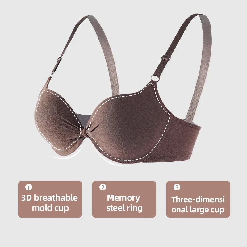 Women's Sexy Cotton Gathered Bra Deep V Underwire Ladied  Brassiere Push Up Lingerie Solid Bras Backless Intimate Underwear