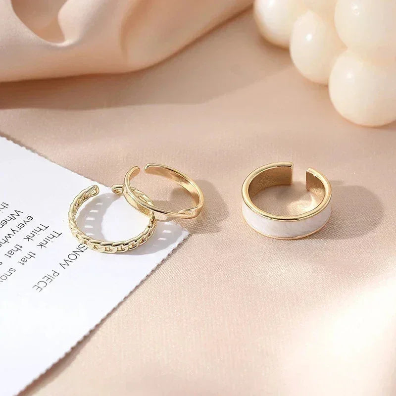 3pcs/set Adjustable Open Rings for Women White Green Enamel Oil Twists Weaving Geometry Ring Set Trendy Punk Personality Jewelry