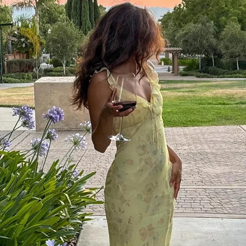 Yellow Floral Maxi Dress | Retro V-Neck Summer Party Gown -femstylo
