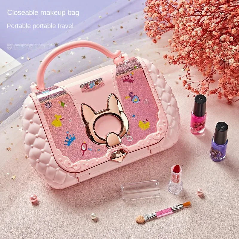 Kids Makeup Kit Pretend Play Cosmetic Set with Cat-Ear Bag Mirror Washable Non-Toxic Toy Birthday Gift for Girls