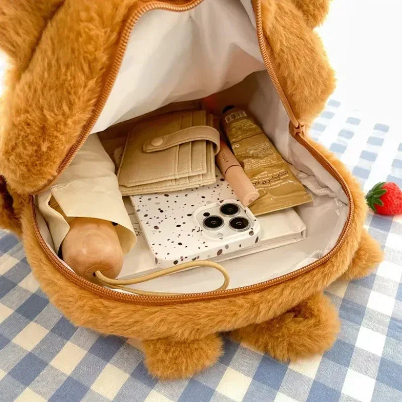 Capybara Plush School Backpack – Casual Fur Bag with Large Capacity and All-Match Design