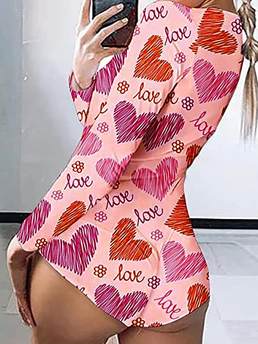Women’s Long Sleeve Valentine Day Jumpsuit Bodycon V Neck Heart Lip Print Button Down Short Romper Indoor Sleepwear