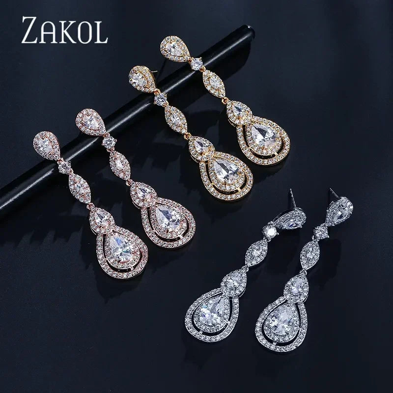 ZAKOL Luxury Water Drop Cubic Zircon Long Dangle Earrings for Women Bridal Wedding Jewelry Dress EP2114
