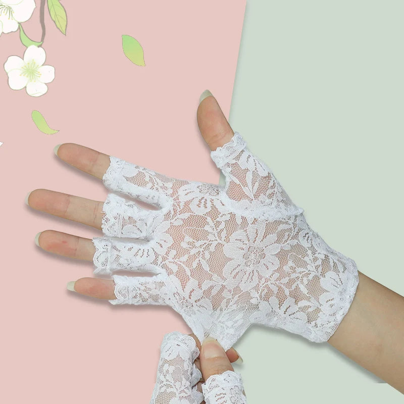 Women's Lace Flower Half-Finger Gloves, Touchscreen