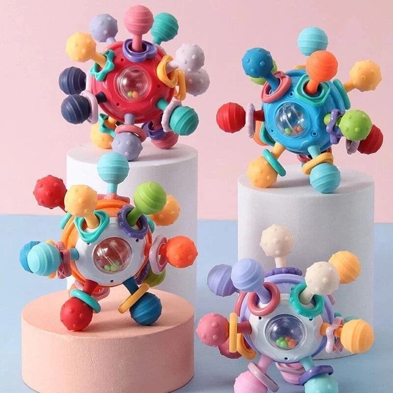 Montessori Baby Sensory Rattle and Silicone Teether Grasping Development Toy for 0-12 Months