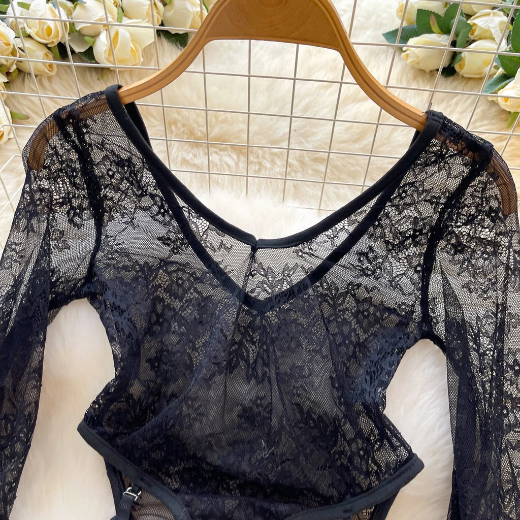 sexy sleeveless lace flare sleeve see through Vintage Straps Bodysuits Jumpsuits Top Hotsweet Clothing