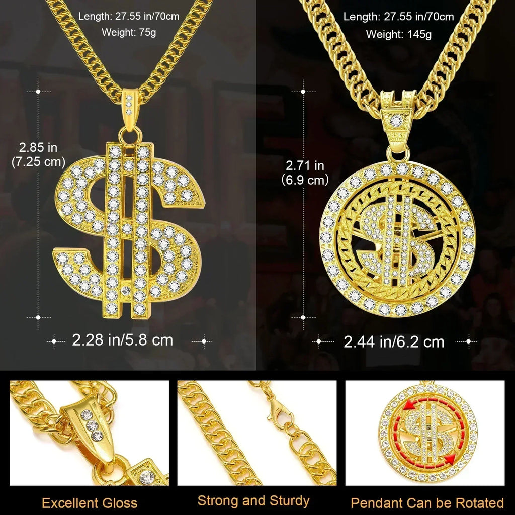 Men Gold Color Dollar Sign Necklaces with Cuban Chain,Hip Hop Money Dollar Pendant Collar, Music Festival Party Gifts Jewelry