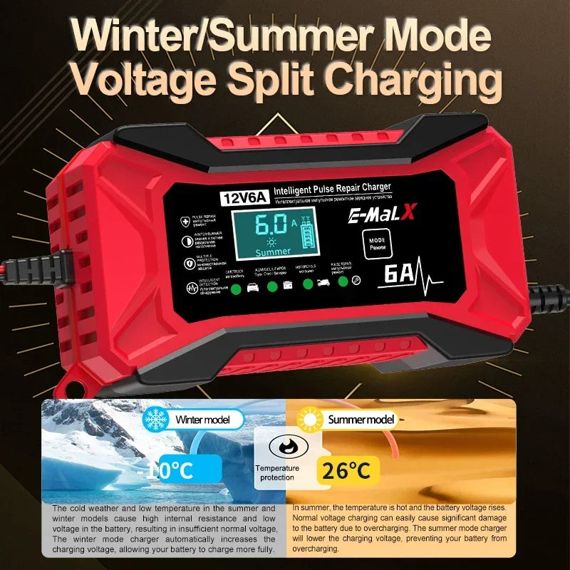 Winter and summer mode split charging — automatic temperature-compensated charging voltage