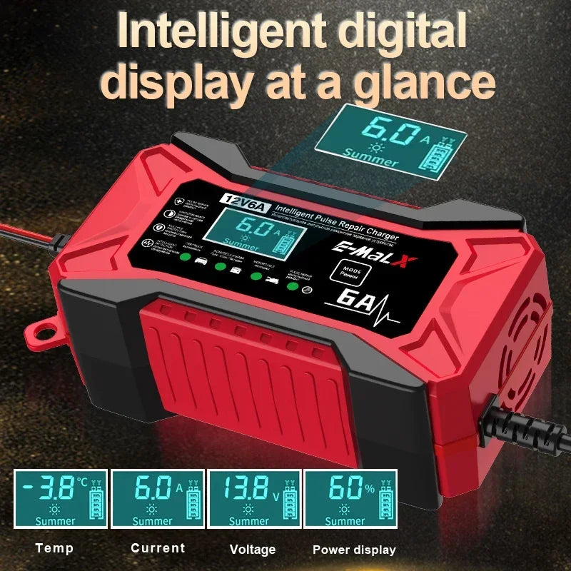 LCD digital display shows temperature, current, voltage and charge percentage