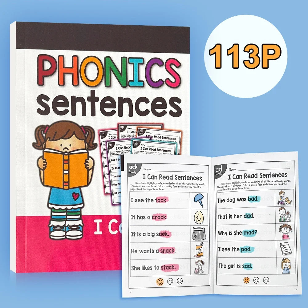 English Phonics Sentence Practice Book – I Can Read Exercise Book for Kids (113 Pages)
