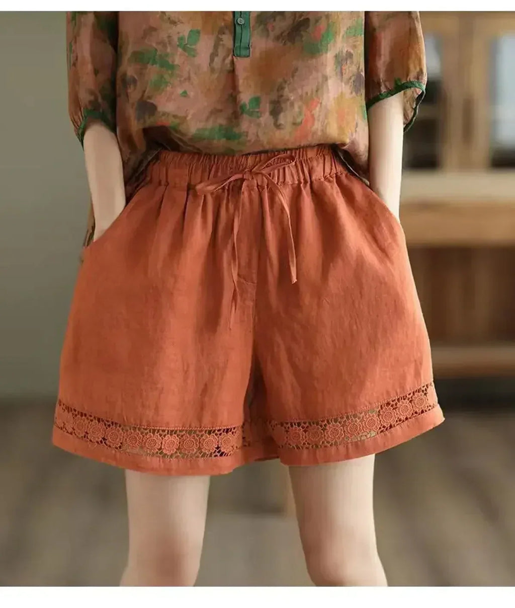 Cotton Linen Vintage High-Waist Elastic New Style Tie-Belt Embroidered Hollow Casual Straight Shorts