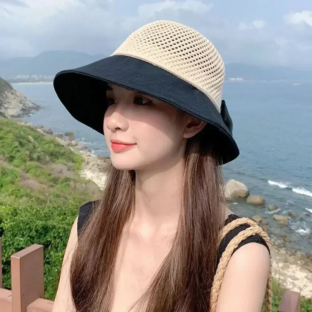 Summer Women Bucket Hat UV Protection Sun Hats Soft Foldable Wide Brim Outdoor Beach Hat Panama Cap Ponytail Cap