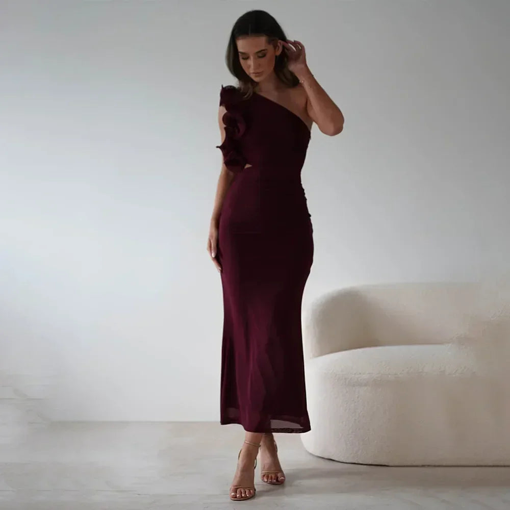 Articat Elegant Sleeveless Slant Shoulder Flower Dress Women Spring/Summer 2025 Sexy Mesh Wrap Hip Dress Party Evening Dress