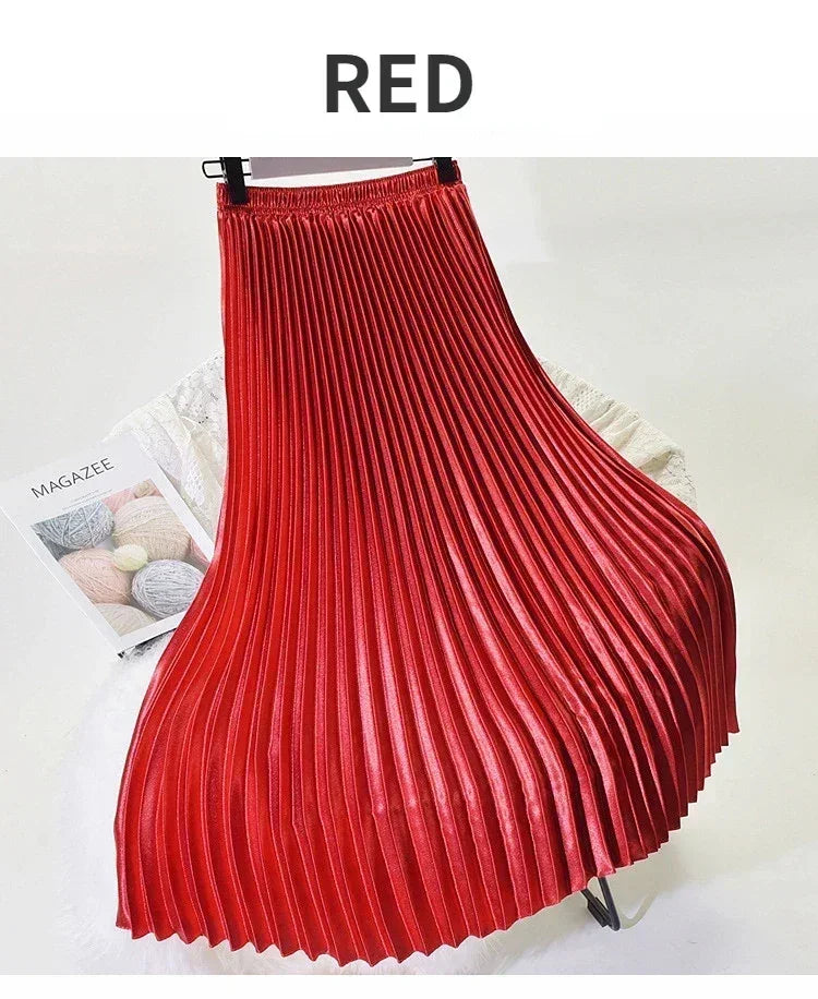 Classic Golden Velvet Pleated Skirt High Waist Retro Style Fashion Office Lady Pleated Long Skirt Winter Velvet Skirt 90cm Long