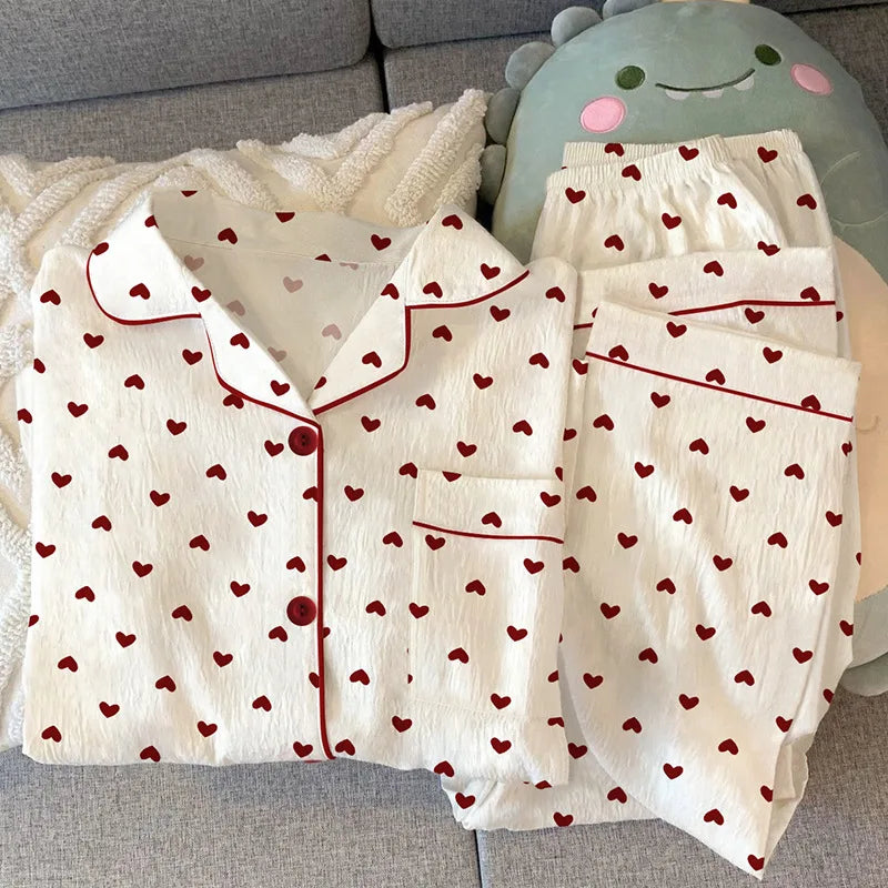Spring and Autumn New Women's Pajamas Loungewear Set Girl Love Cardigan Pajamas Crinkled Fabric Loungewear Long Sleeve Set