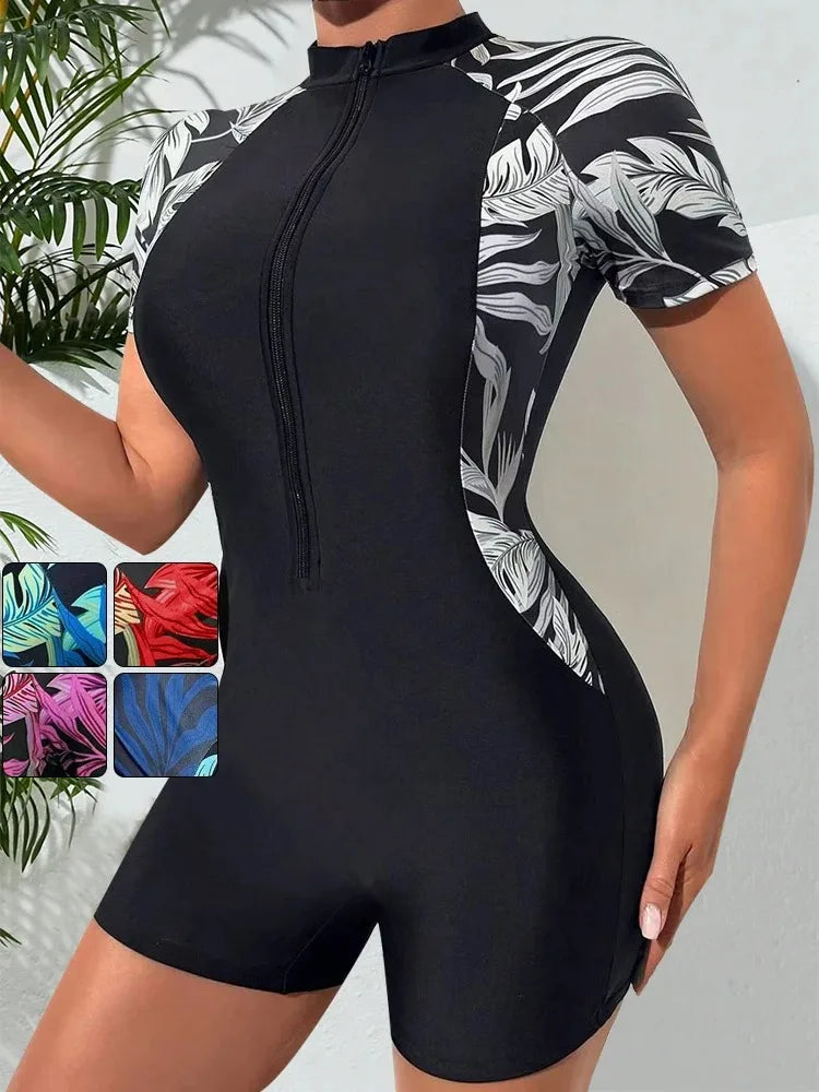 One-piece Women Swimwear Swim Suit Short Sleeve Swimsuit Zip Front Tropical Plant Surfing（No built-in bra), Quick Drying, UPF50