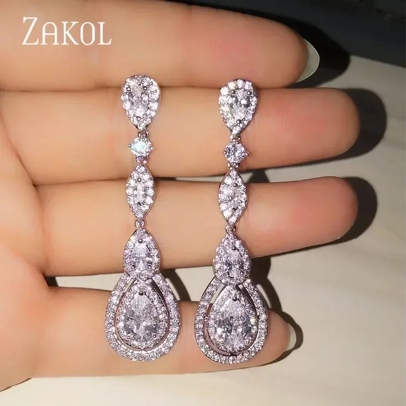 ZAKOL Luxury Water Drop Cubic Zircon Long Dangle Earrings for Women Bridal Wedding Jewelry Dress EP2114