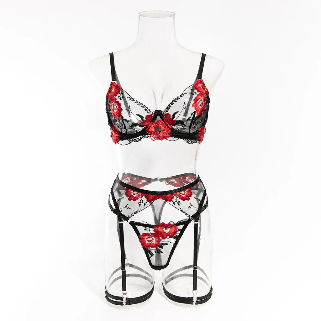Krasapt ultrathin Floral Embroidery Sexy Lingerie 2Pcs Sets Mesh perspective Bras And Briefs Underwear Suit Fancy Erotic Set