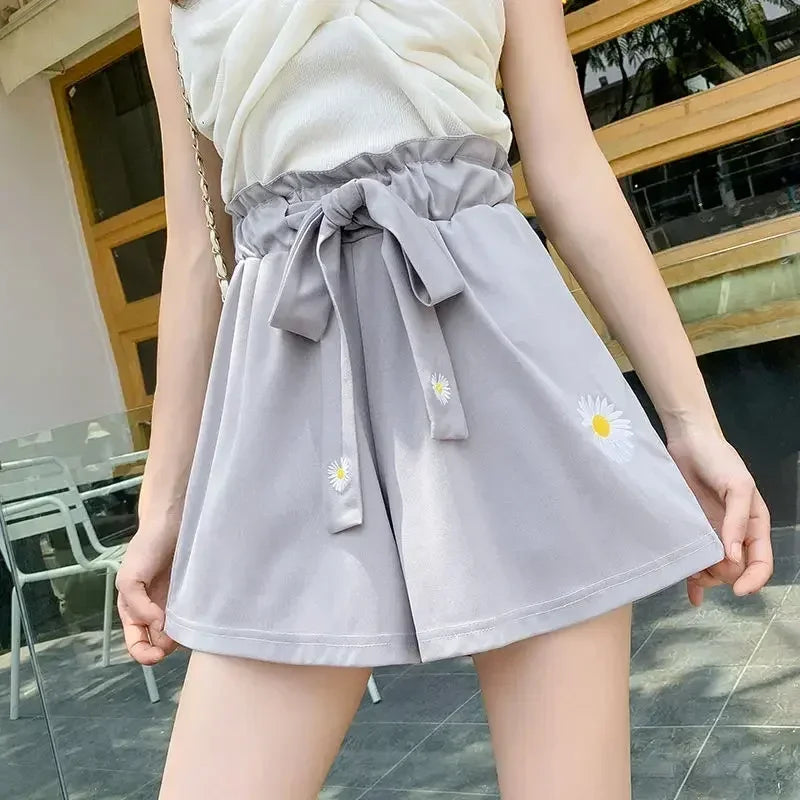 Summer Lightweight Black Casual Sports Pants Women Student Loose High-Waist Wide-Leg Shorts