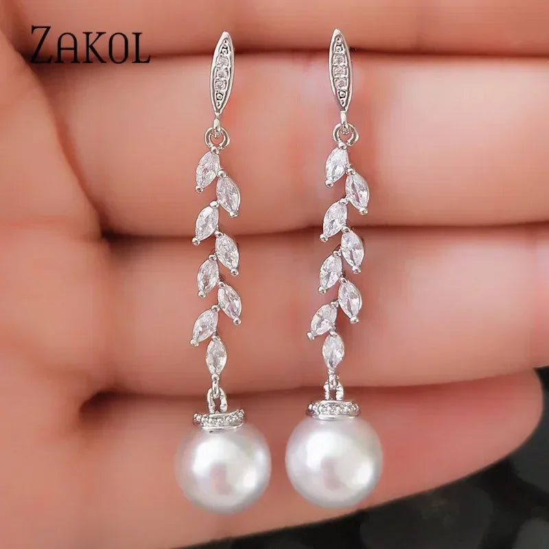 ZAKOL Fashion Round Imitation Pearls Drop Earrings for Women Shinny Zirconia Crystal Leaf Long Bridal Earring Wedding Jewelry