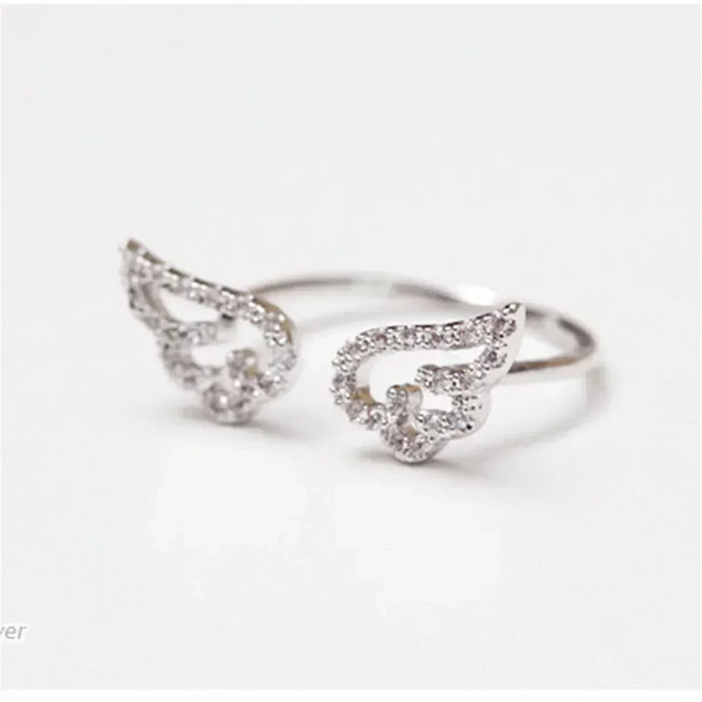 Korean Light Luxury Zircon Angel Wings Ring Elegant Silver Color Adjustable Finger Rings For Women Party Birthday Jewelry Gift