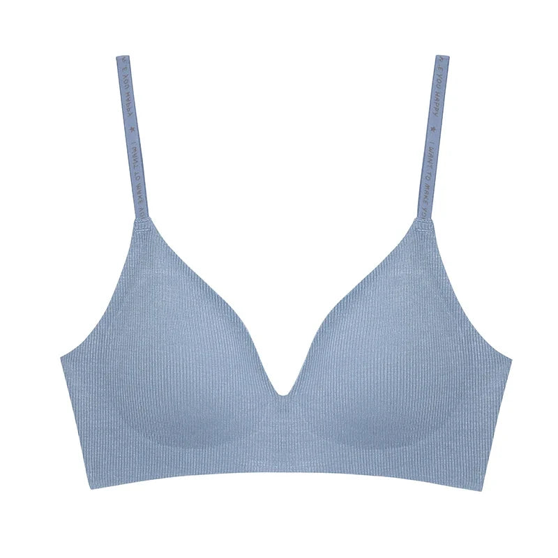 FINETOO Women Wireless Bra Deep V Padded Bralette S-XL Trendy Stripe Knitting Bras Sexy Ladies Brassiere Solid Underwear 6 Color