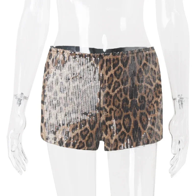 WhereMery Retro Leopard Print Seguins Shiny Chic Short Pants Y2K Spring Women's Fashion Night Club Streetwear Women Mini Bottoms
