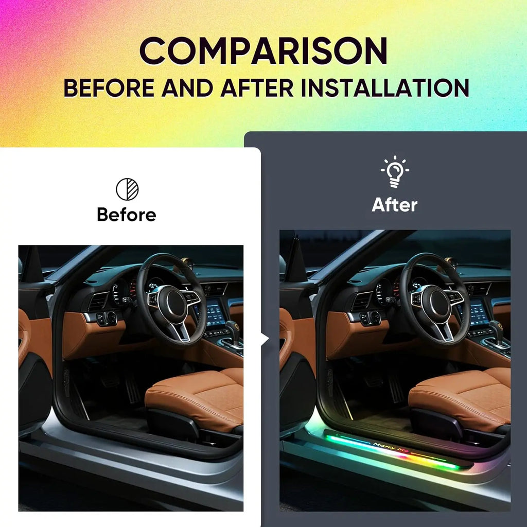 Before and after installation comparison, with a custom text sill plate installed and lit