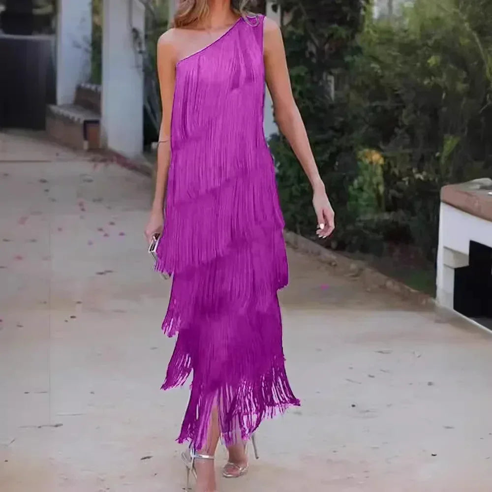 Spring and Summer New Fashion Fringed Slanted Shoulder Asymmetrical Dress for Women