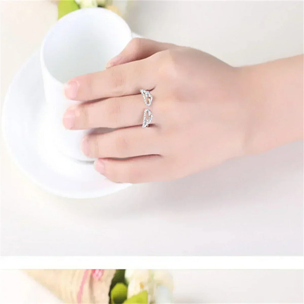 Korean Light Luxury Zircon Angel Wings Ring Elegant Silver Color Adjustable Finger Rings For Women Party Birthday Jewelry Gift