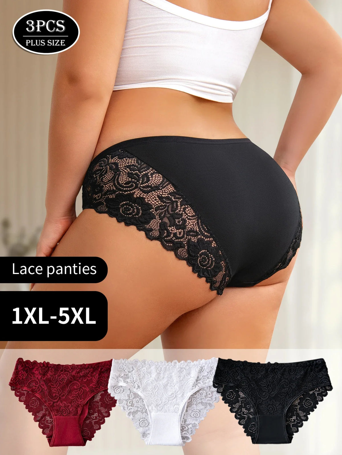 3PCS Plus-Size Women's Underwear Elegant Lace Floral Trimmed Panties Ladies Solid Color Hollow Sexy Briefs Lingerie Hot Sales