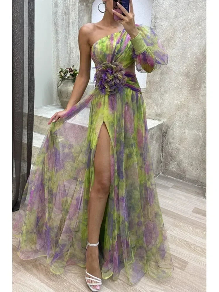 Elegant Oblique Shoulder Single-sleeve  Zipper High Slit Mesh Long Dress For Women Fashion Flower Decoration Party Dress Female