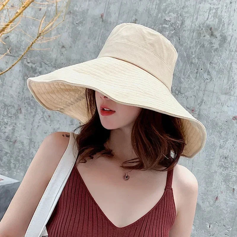 Japanese Sunshade Female Spring and Summer Sunscreen Free To Fold Big Brim Sun Hat Fisherman Hat Cover Face Oversized Hair