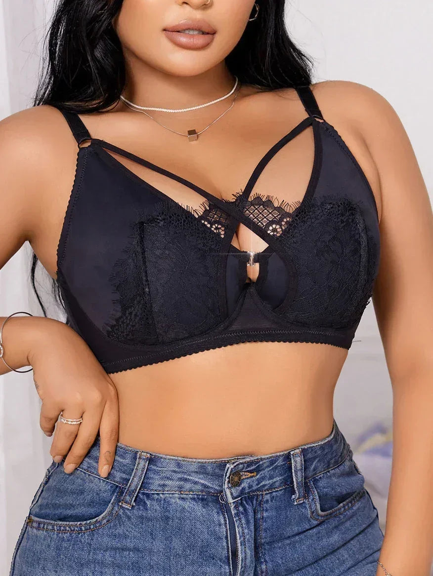 Women's Plus Size Lingerie Half Cup Gathered Push Up Front Button Lace Cross Design Suitable For Voluptuous Women XL-XXXL MR2895