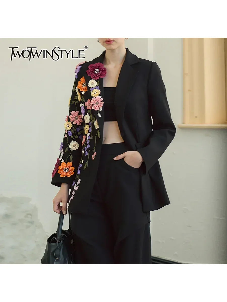 TWOTWINSTYLE Hit Color Spliced Appliques Fashion Blazers for Women Lapel Long Sleeves Patchwork Bead Temperament Blazer Female