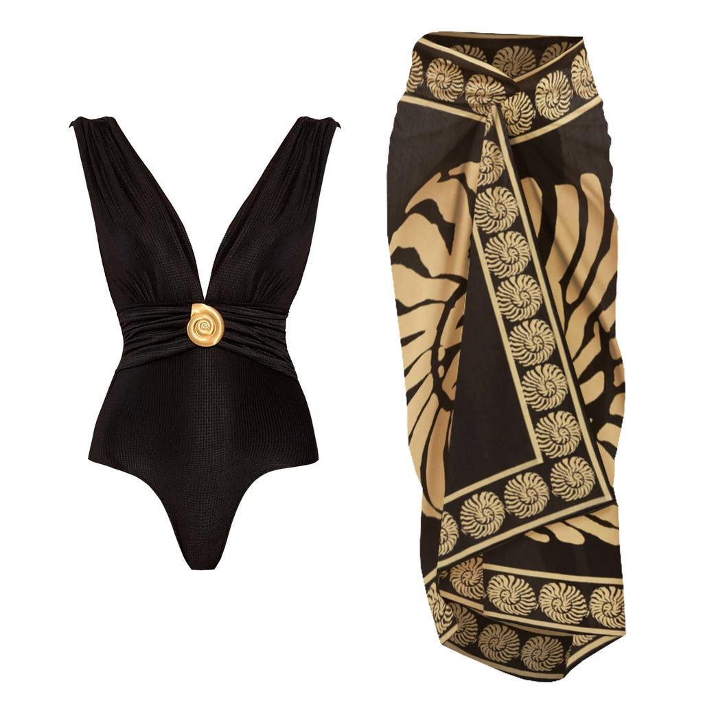 2Pcs Deep V One Piece Swimsuit Sexy Women Swimwear 2025 Shiny Star Bikini High Waist Biquini Female Swim Suit Bodysuit Beachwear