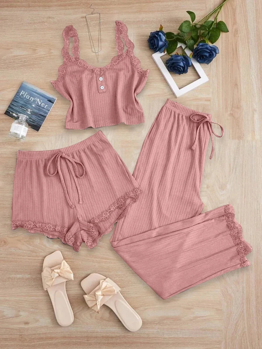 New 2025 Women's Summer 3PCS Pajama Sets Solid Vest Shorts and Pants Paired with Lace Splicing for Homewear Sexy Sleepwear Sets