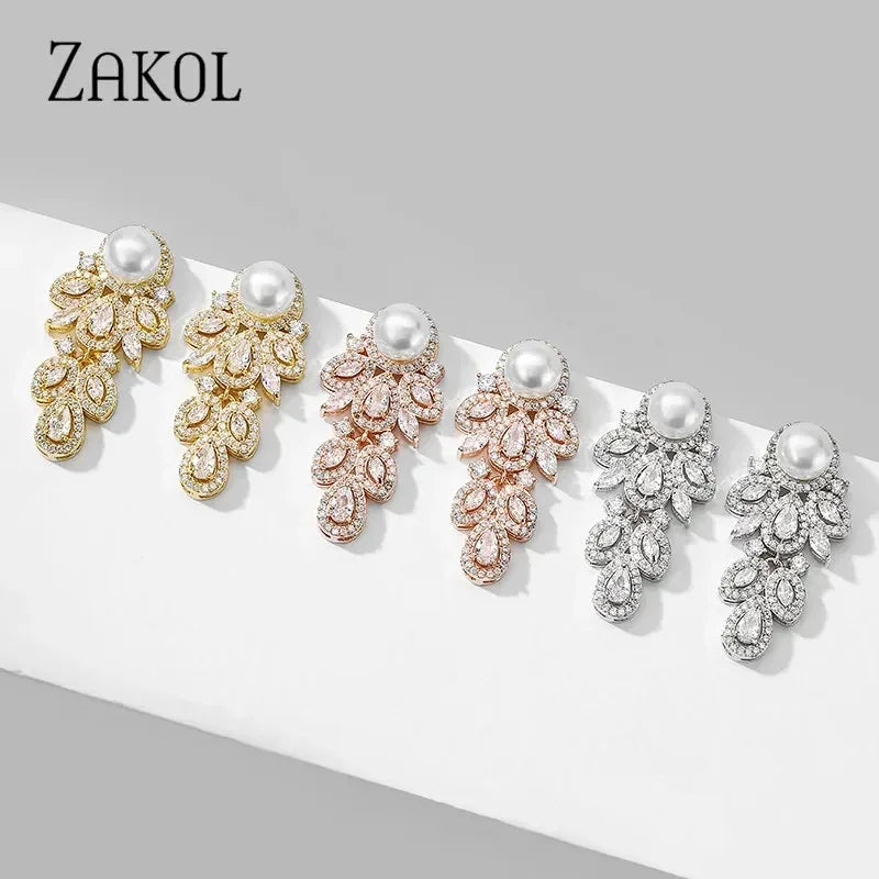 ZAKOL New Fashion CZ Zirconia Crystal Leaf Dangel Earrings for Women Luxury Bridal Wedding Party Jewelry